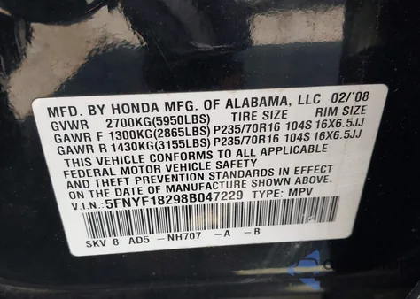 2008 Honda Pilot Vp from USA, damaged, VIN 5FNYF18298B047229